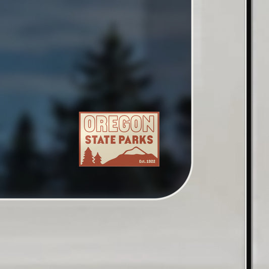Close-up of the Retro Oregon State Parks sticker on a van window