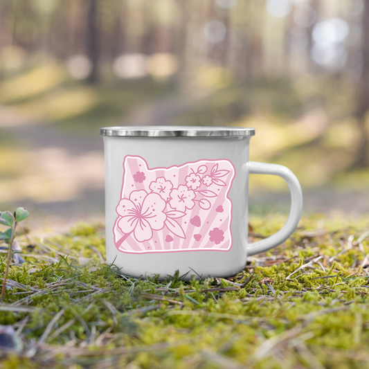 Oregon Elements Cherry Blossoms, Enamel Mug, 12oz | Patchmarks Oregon State Parks
