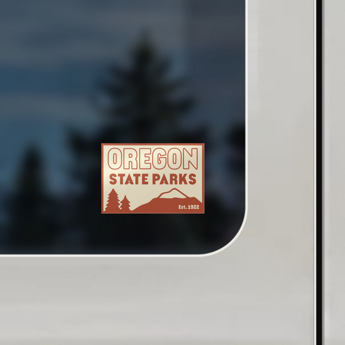 Close-up of the Retro Oregon State Parks sticker on a van window